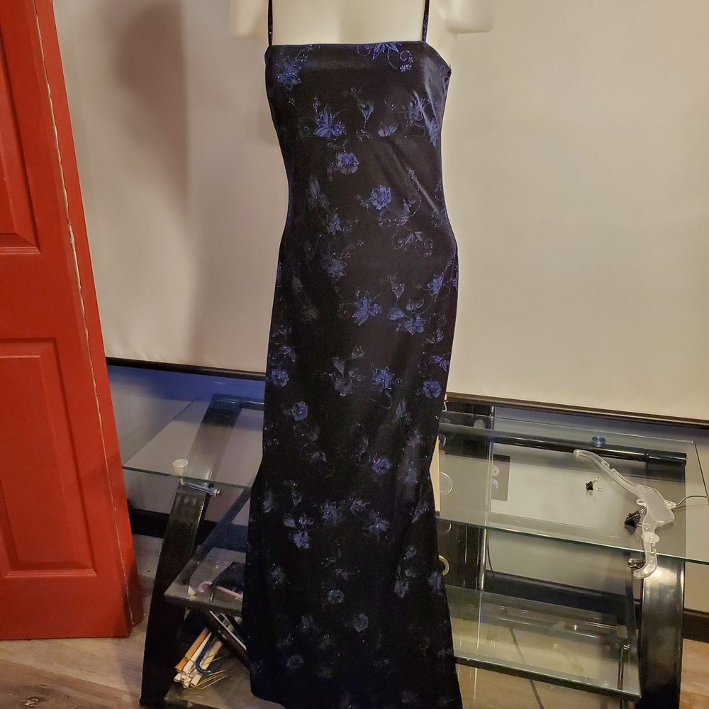 Pulse Black Velvet Maxi Dress with Blue Floral Design